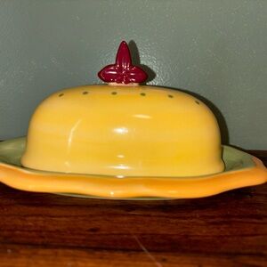 Pfaltzgraff Pistoulet Yellow covered Butter Dish with Red Knob